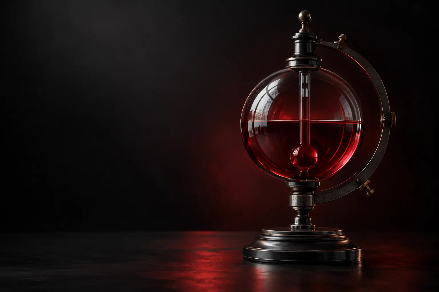 红色液态玻璃气压仪雕塑,作为入口核对的视觉隐喻